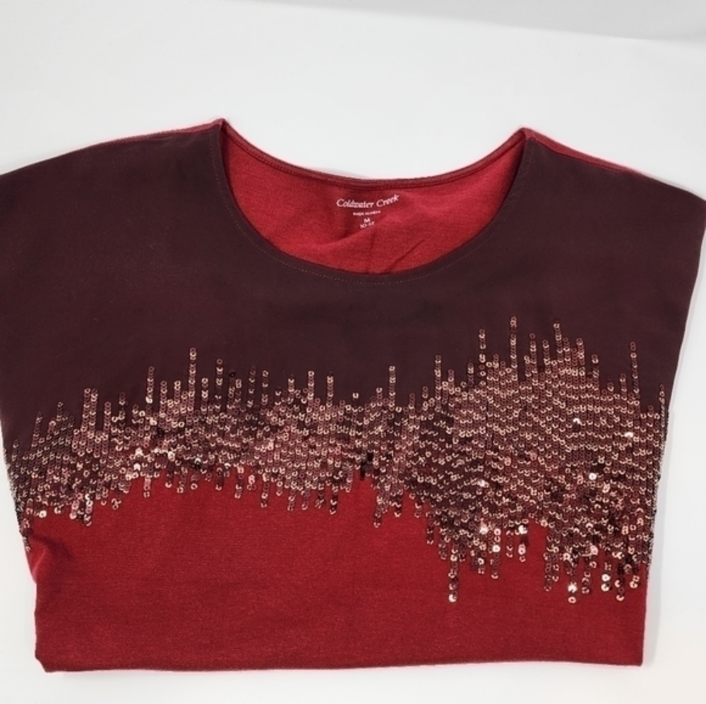 Coldwater Creek Medium Short Sleeve Brown Burgandy Sequin‎ Shirt